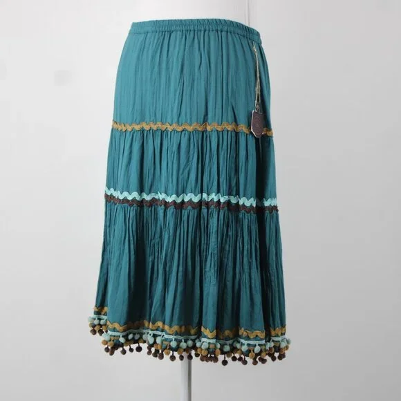 Double D Ranch Sz M Teal Blue Brown Multi Elastic Waist 100% Viscose Skirt